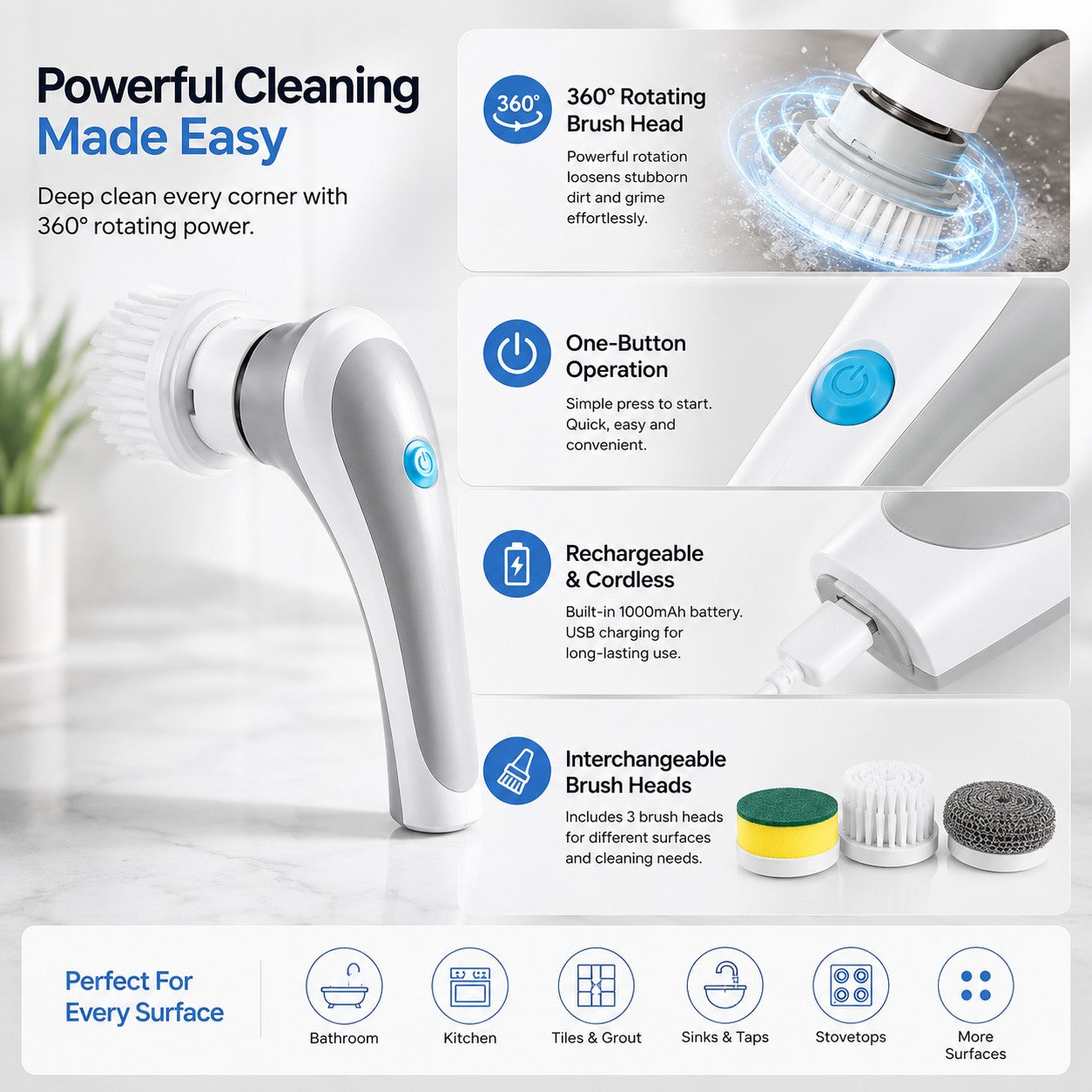 Features of the SpinScrub™ cordless electric cleaning brush