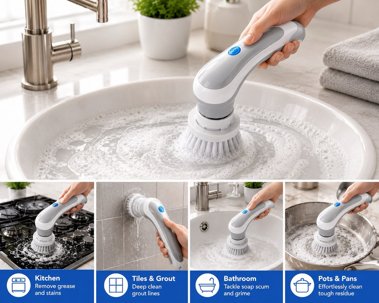 SpinScrub™ electric cleaning brush cleaning kitchen and bathroom surfaces