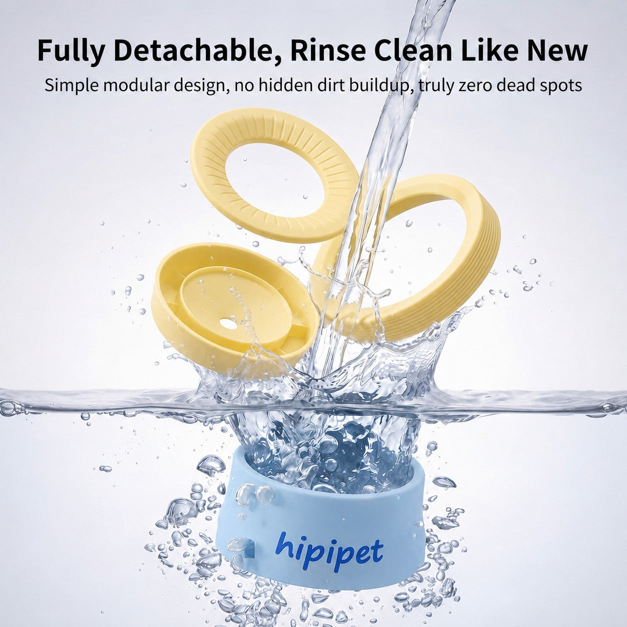 Fully detachable blue hipipet SplashPace pet water bowl being rinsed clean