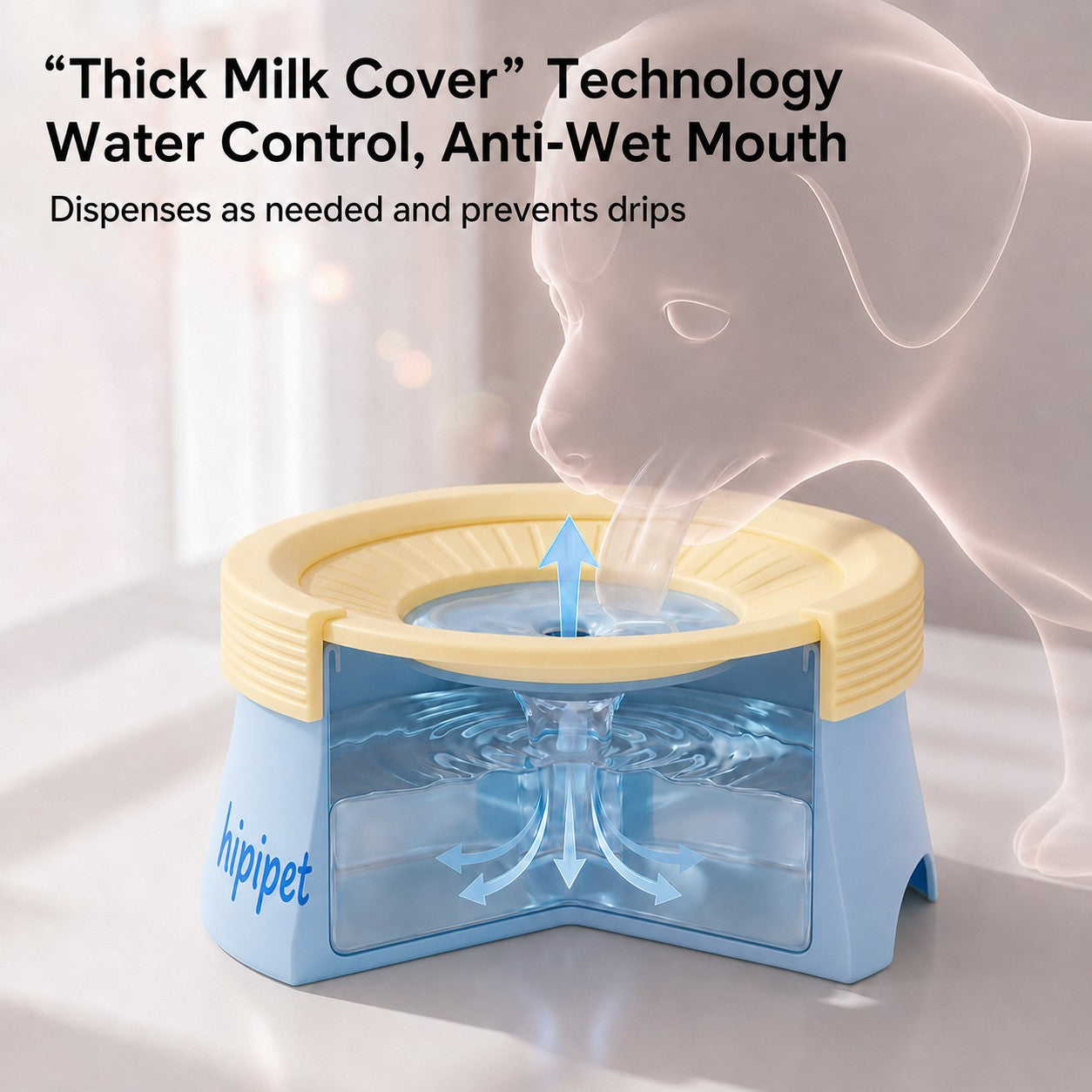 Blue hipipet SplashPace pet water bowl with floating disk for controlled drinking and reduced wet mouth