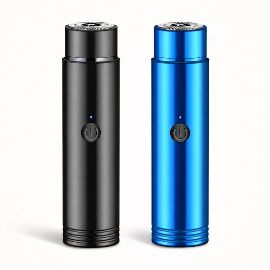 TrimPod mini rechargeable electric shaver in black and blue