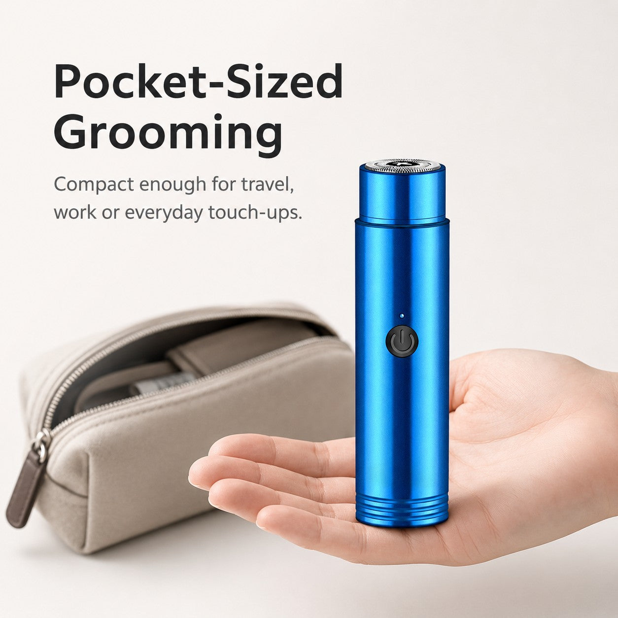 Pocket-sized blue TrimPod rechargeable travel shaver