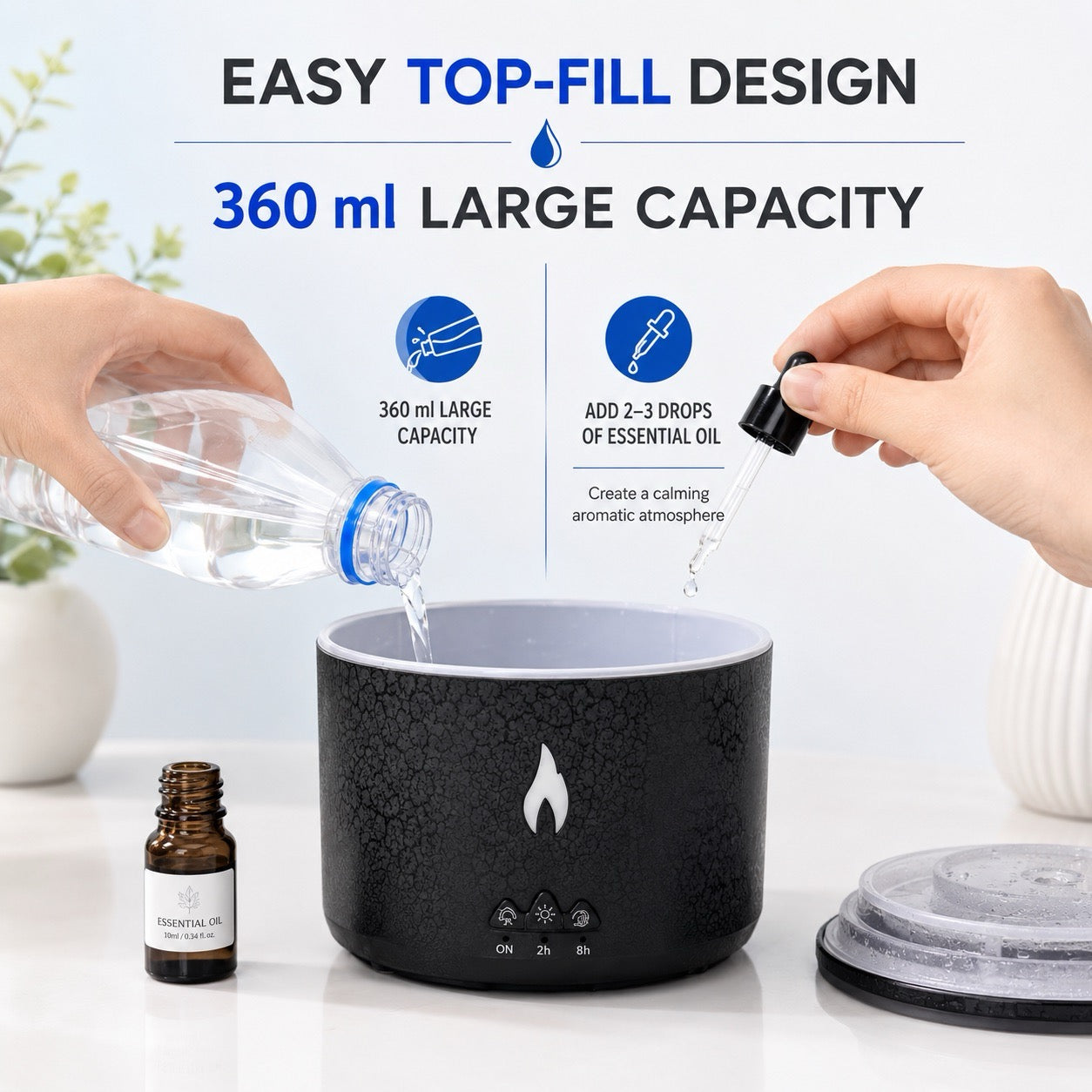 VolcanoMist flame aroma humidifier with 360 ml top-fill tank and essential oil support