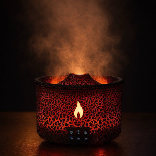 VolcanoMist flame aroma humidifier in black with glowing mist effect