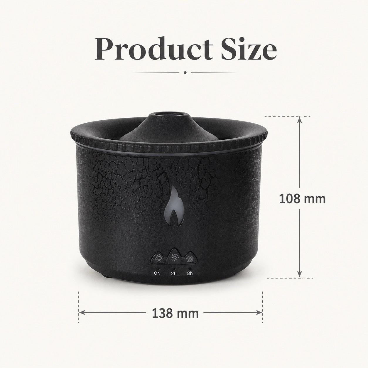 VolcanoMist aroma humidifier product size 138 mm wide and 108 mm high