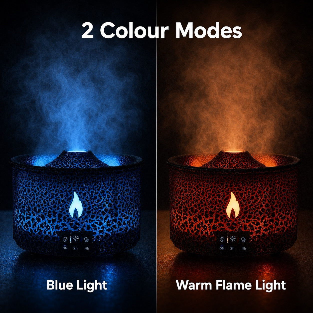 VolcanoMist aroma humidifier with blue light and warm flame light modes