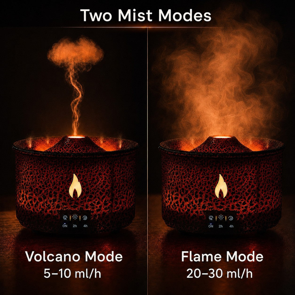 VolcanoMist aroma humidifier showing volcano mode and flame mode mist output
